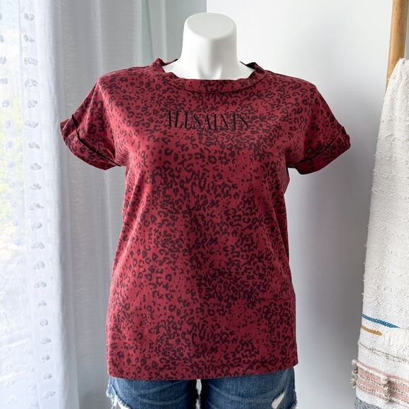 Allsaints Red Leopard Print Logo Front Short Sleeves Oversized T-Shirt XS/ Small - Picture 1 of 9
